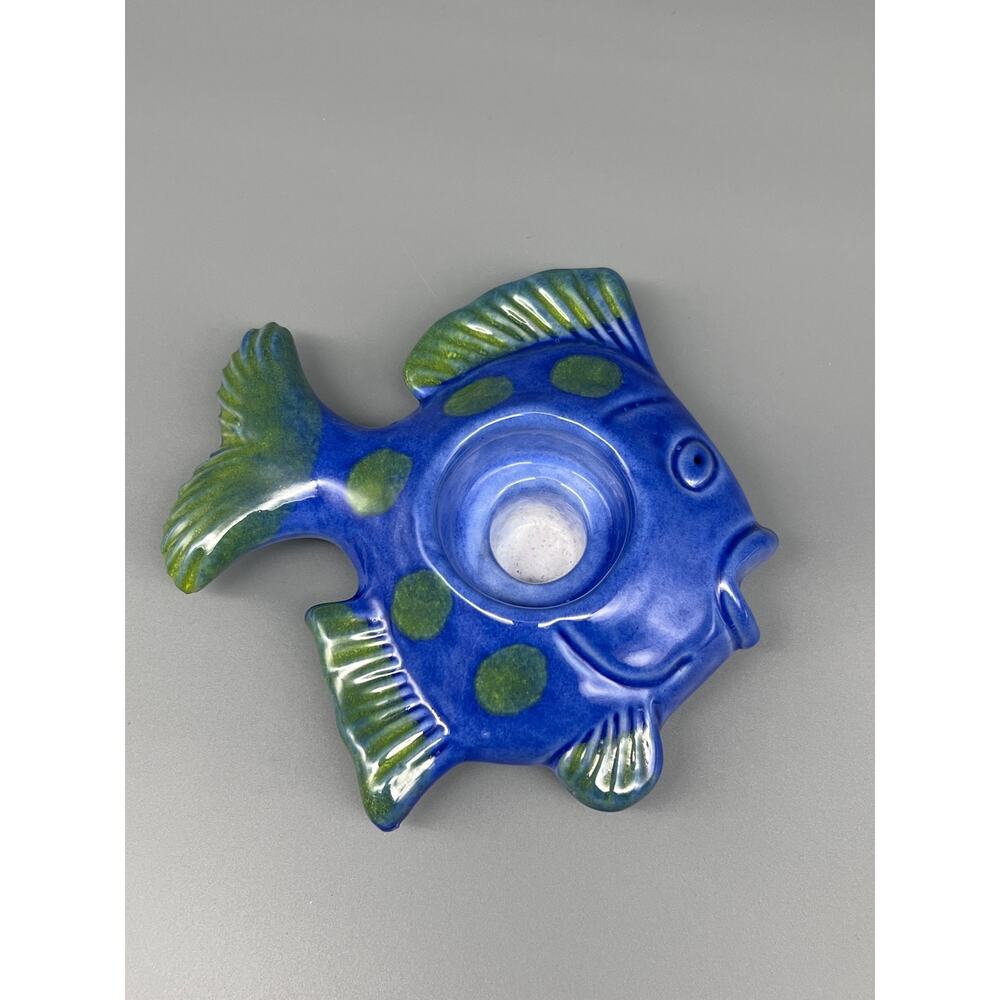 VTG Handmade Italy Ceramic Fish Tea Light Candle Holder Hand Painted Deep Blue